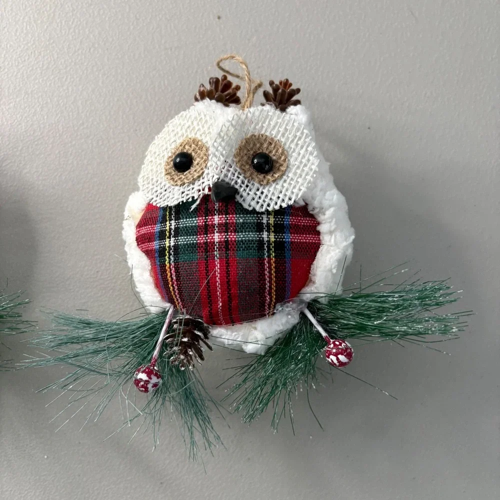 Set of 2 Christmas Owl Ornaments Plaid Sherpa Rustic Woodland Holiday Decor